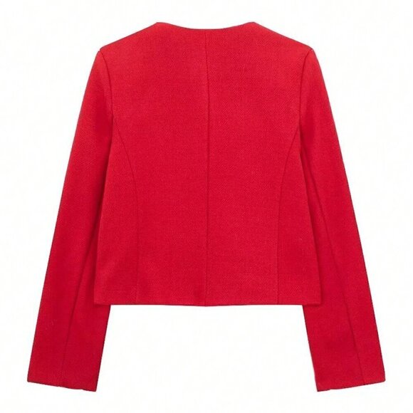 Red Elegant Women's Casual Tweed Jacket Decorated Long Sleeves Coat - Picture 5 of 8